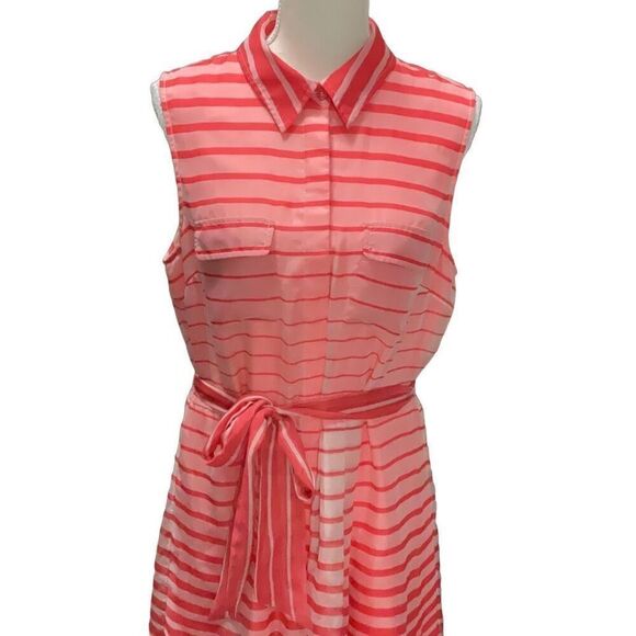 Vince Camuto Orange White Sheer Lined Striped Dress Button Closure Collared 14 - Picture 2 of 8